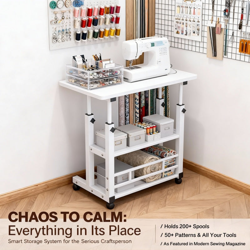 Mobile Craft Table with Adjustable Height & 4 Silent 360° Wheels - Rolling Storage Organizer with Double Shelves for Sewing, Knitting & Crafts, Bedroom & Living Room Use, Available in Black & White