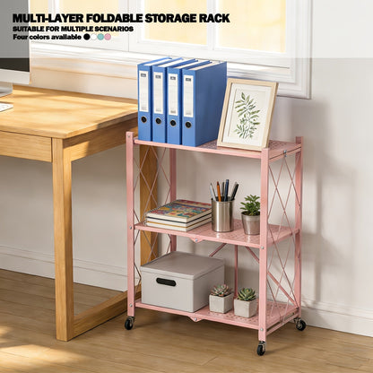 Heavy Duty Folding Storage Rack with Wheels – 3/4/5-Tier Portable Floor-Standing Shelf, No Assembly Required, for Home, Office, Bedroom & Dorm, 4 Colors Available