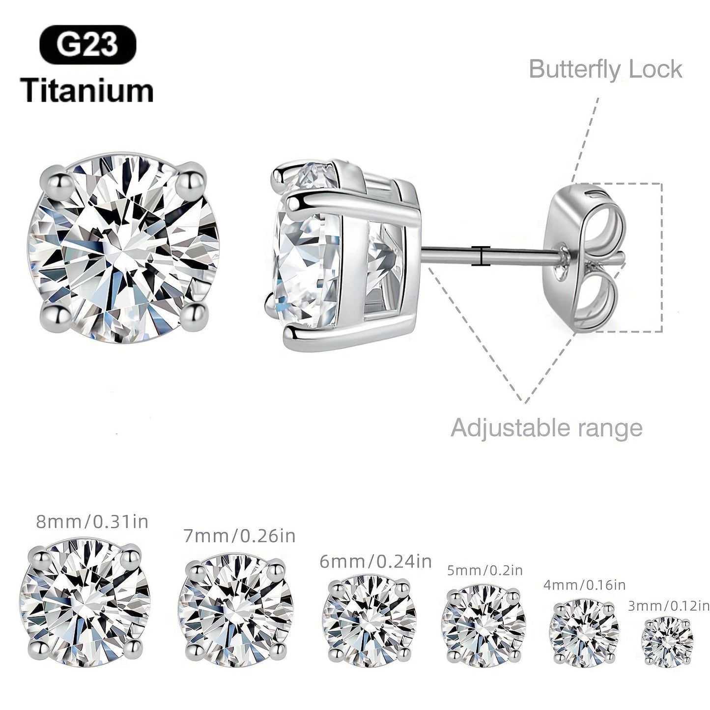 G23 Titanium Stud Earrings Set Hypoallergenic Zirconia Multiple Piercing Stacking Earrings 3 4 5 6 7 8mm Small Studs for Women Men Sensitive Ears Gift