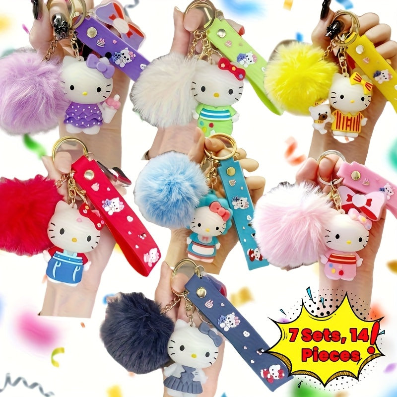 14pcs Sanrio Hello Kitty Keychain Set – Cute Cartoon Glitter Key Rings, Bag Charms & Car Key Fobs for Women Girls, Holiday Birthday Gift Accessories
