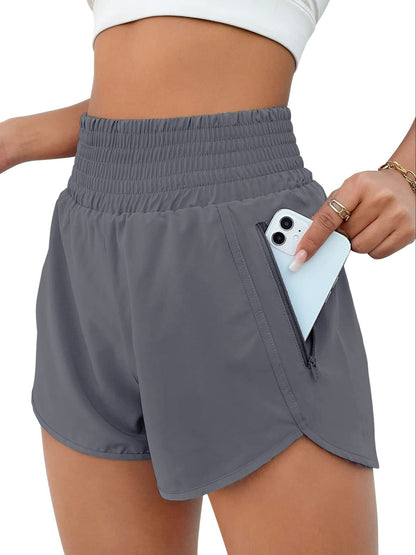 Women's High Waisted Running Shorts with Pockets, Elastic Workout Gym Shorts for Women, Non-Transparent Athletic Shorts for Training Yoga Fitness Summer, Sizes S-XXL, Khaki Grey Black Rose Red Green