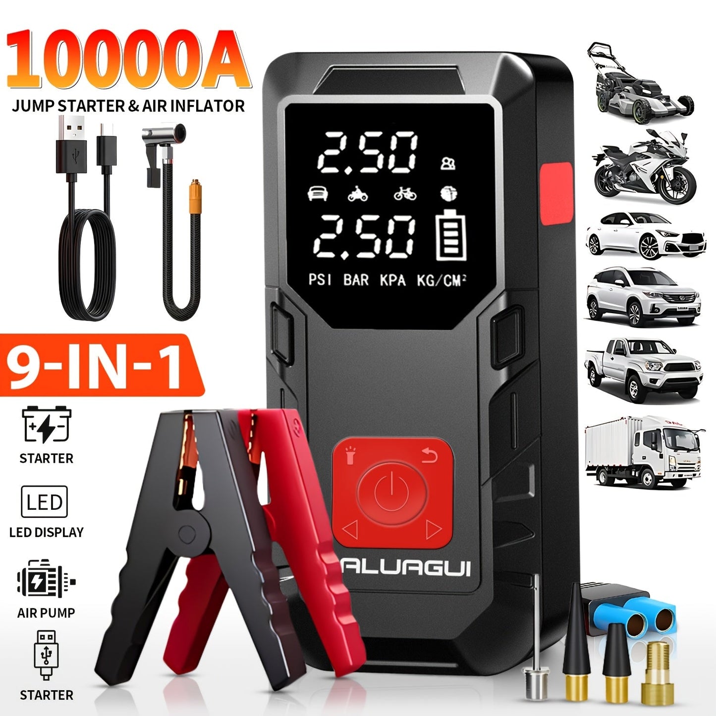 9-in-1 Car Jump Starter 10000A with 150PSI Tire Inflator, LED Display USB Fast Charging LED Light Battery Charger, Lightweight Dual-Function Emergency Kit for Camping Outdoor