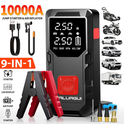 9-in-1 Car Jump Starter 10000A with 150PSI Tire Inflator, LED Display USB Fast Charging LED Light Battery Charger, Lightweight Dual-Function Emergency Kit for Camping Outdoor