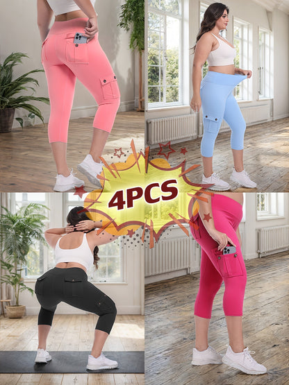 Women's High Waist Yoga Capri Pants 4-Pack 4-Way Stretch Butt Lifting Tummy Control 4 Pockets - Workout Running Sports Leggings S-XXL All Season