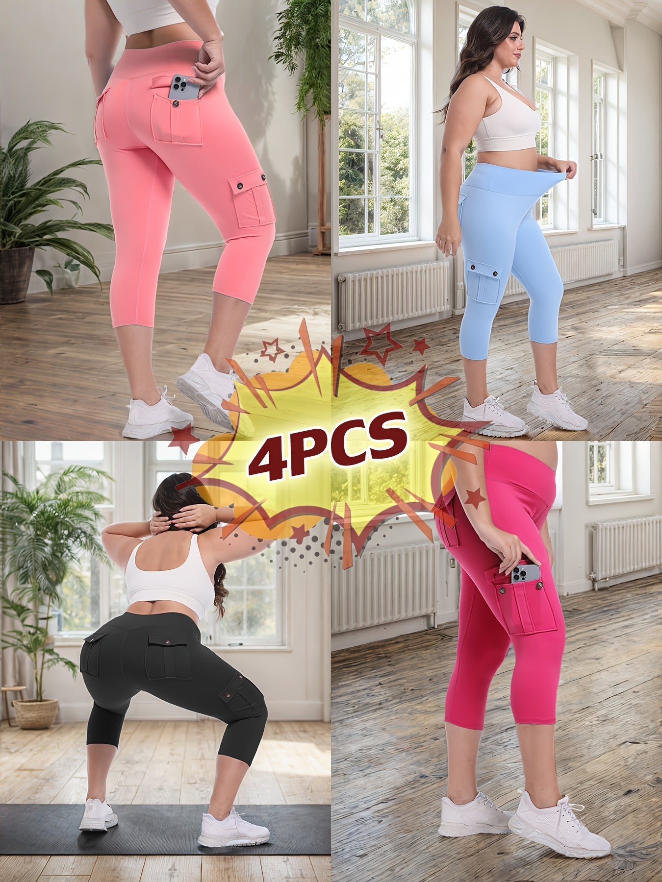 Women's High Waist Yoga Capri Pants 4-Pack 4-Way Stretch Butt Lifting Tummy Control 4 Pockets - Workout Running Sports Leggings S-XXL All Season