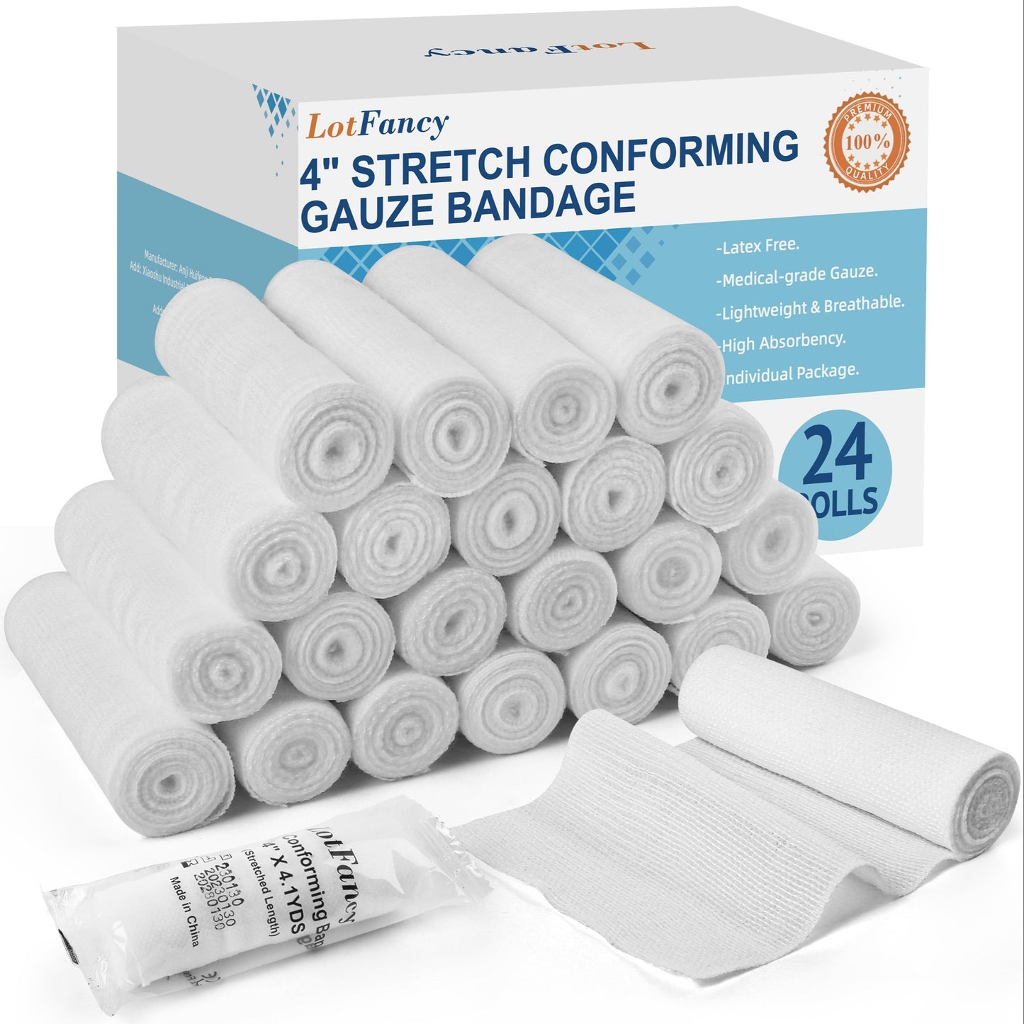 Stretch Gauze Bandage Rolls 24 Count – 4 Inch x 4 Yards, Individually Wrapped Latex-Free Conforming Gauze Wrap for First Aid, Wound Care, Wrist, Knee, Hemostasis, Outdoor & Pet Use