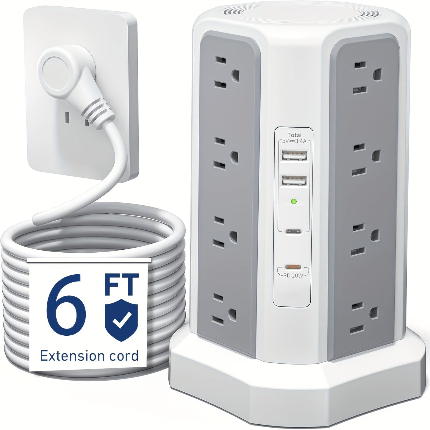 Power Strip Tower 16 AC Outlets 5 USB Ports USB-C PD20W 1500J Surge Protector Flat Plug Desktop Extension Cord