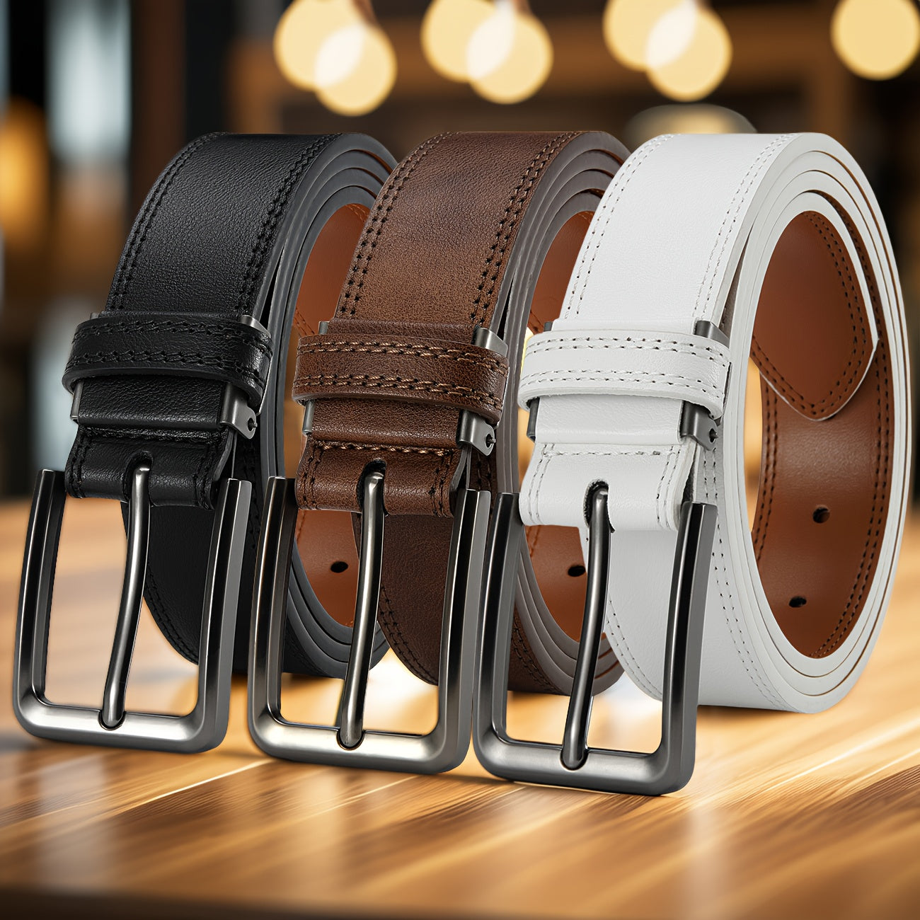 3pcs Men's Genuine Leather Belt Set with Pin Buckle – Classic Vintage Cowhide Adjustable Jean Belts for Men, Multiple Colors & Sizes