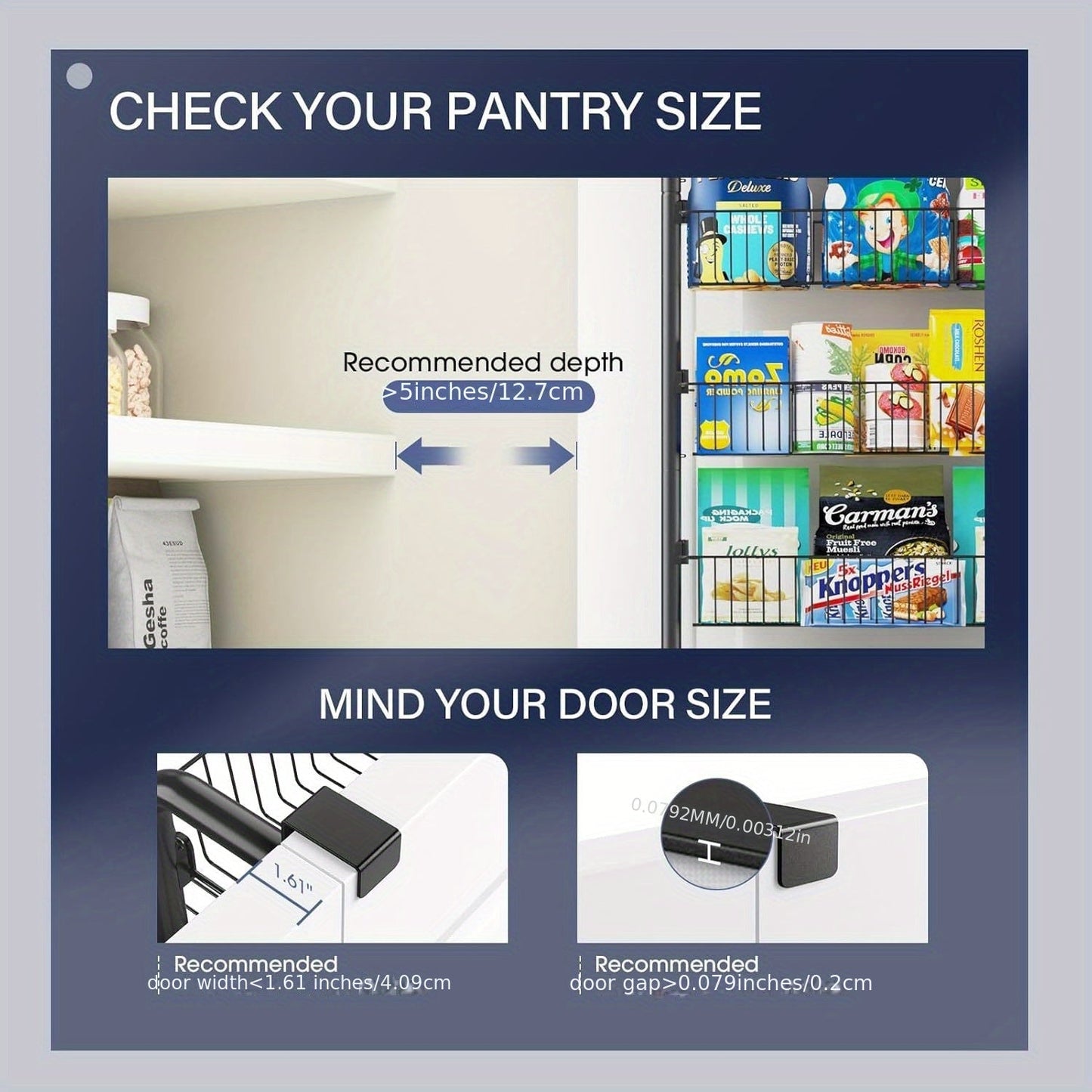 Over The Door Pantry Organizer 8-Tier & 6-Tier Metal Hanging Spice Rack – Back of Door Kitchen Storage for Pantry, Laundry & Bathroom – Versatile Seasoning Rack in Black & White