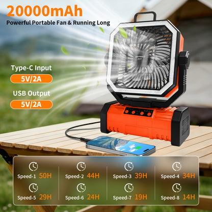 20000mAh Portable Camping Fan with Remote Control, LED Lights, 4 Speeds & 360° Rotation – Rechargeable Battery Operated Oscillating Tent Fan for Outdoor Camping, RV & Travel