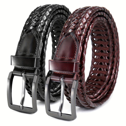 Men's Leather Braided Belt 2 Pack - Casual Dress Belt for Golf Pants Jeans Everyday Wear Zinc Alloy Buckle Multiple Colors Sizes 34-50