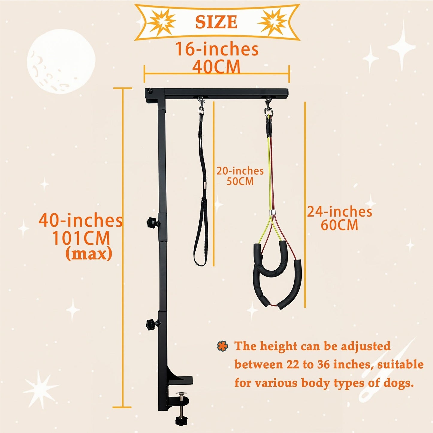 Dog Grooming Arm with Clamp 36 Inch – Adjustable Heavy-Duty Iron No-Sit Haunch Holder, 3-Section Design for Small & Medium Dogs and Cats, Includes Colorful Positioning Ropes, Professional Pet Grooming