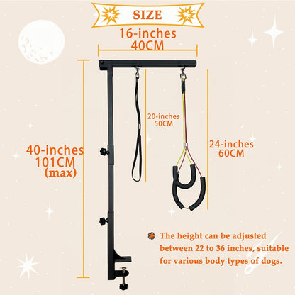 Dog Grooming Arm with Clamp 36 Inch – Adjustable Heavy-Duty Iron No-Sit Haunch Holder, 3-Section Design for Small & Medium Dogs and Cats, Includes Colorful Positioning Ropes, Professional Pet Grooming