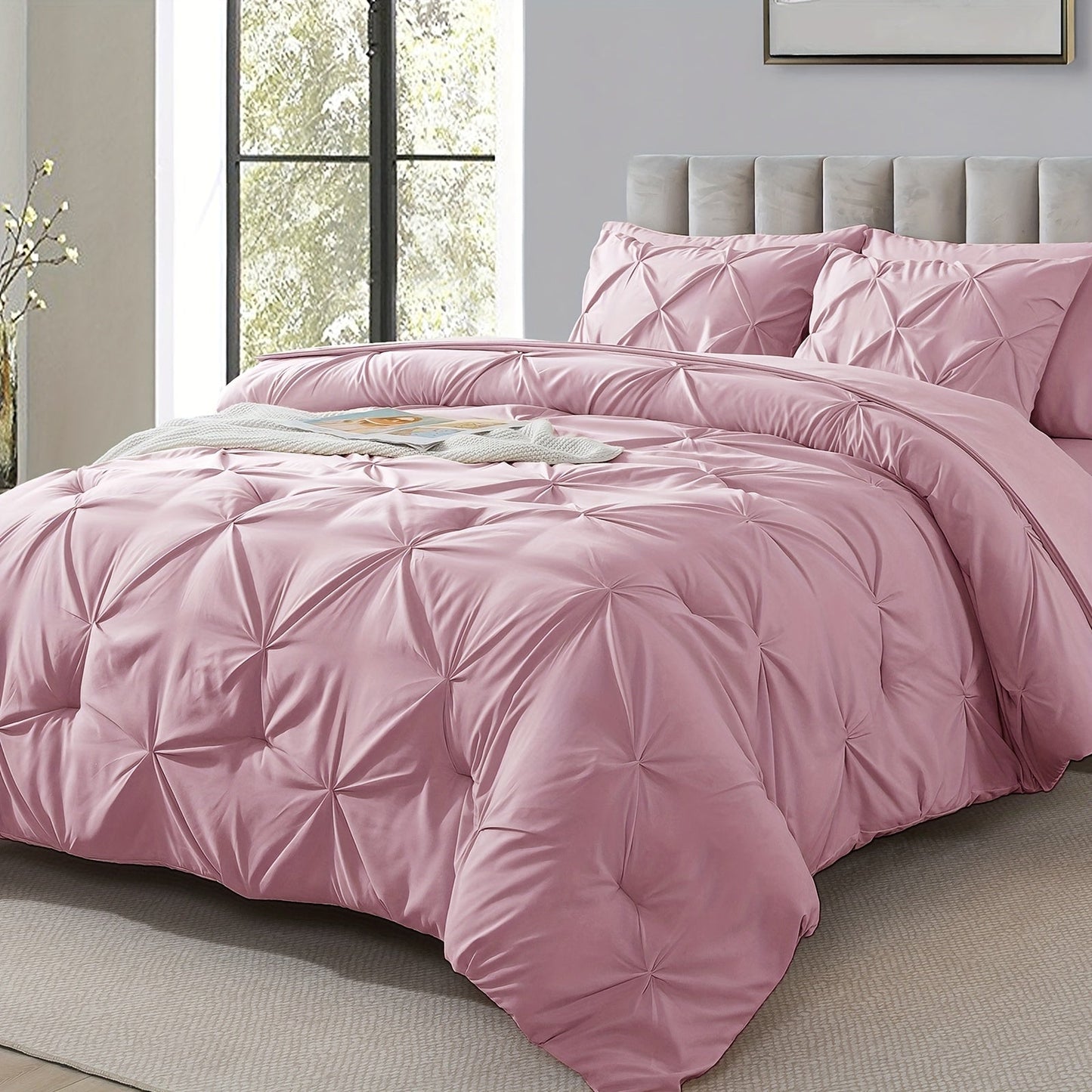 Comforter Set 7 Piece Queen King Full - Soft Microfiber Pintuck Pleated Bed in a Bag Complete Bedding Set with Comforter, Fitted Sheet, Flat Sheet & Pillowcases, All Season Home & Dorm Bedding