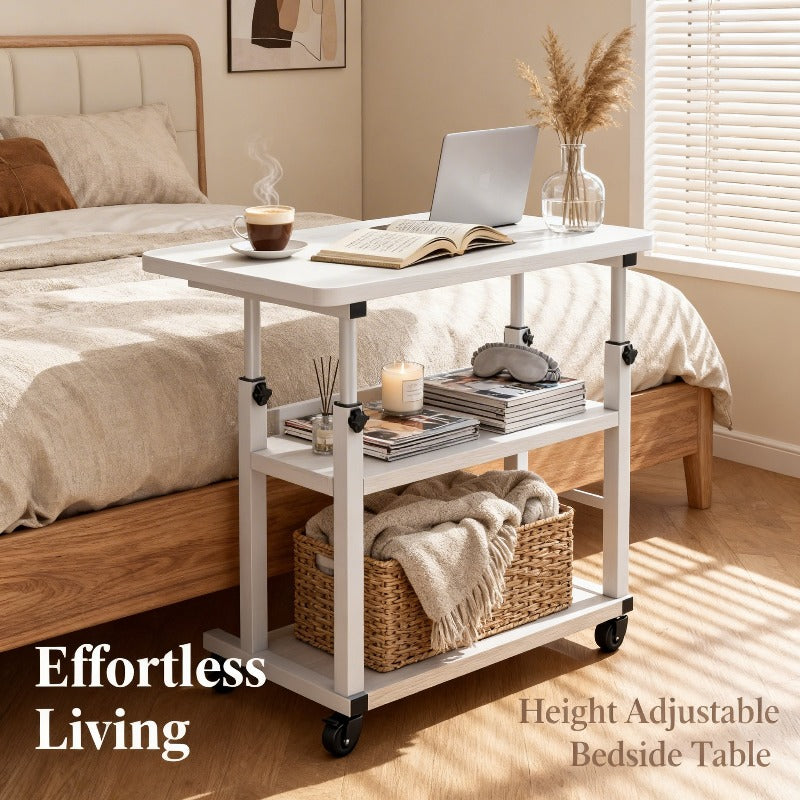 Rolling Bedside Desk Height Adjustable 23-35 Inch with Storage Shelf & Omnidirectional Wheels for Home Bedroom Office Laptop Table