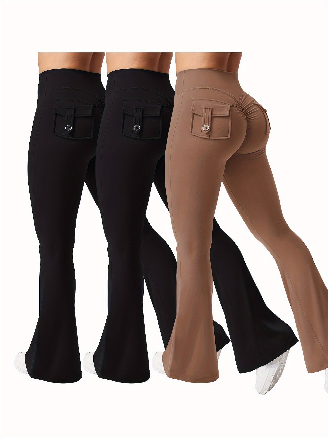 Women's 3-Piece High Waist Flare Yoga Pants Set with Belt and Pockets, Scrunch Butt Lifting Squat Proof 90% Polyester Stretchy Flared Leggings for Workout Gym Running Casual Wear