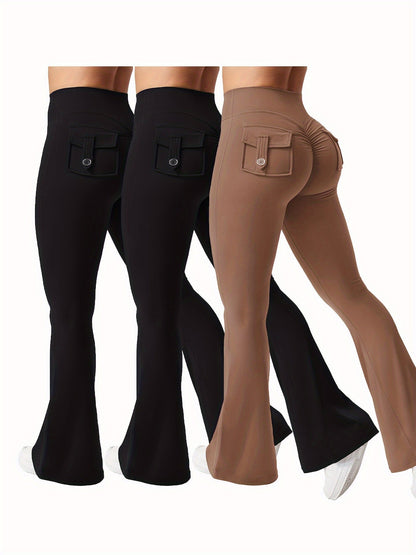 Women's 3-Piece High Waist Flare Yoga Pants Set with Belt and Pockets, Scrunch Butt Lifting Squat Proof 90% Polyester Stretchy Flared Leggings for Workout Gym Running Casual Wear