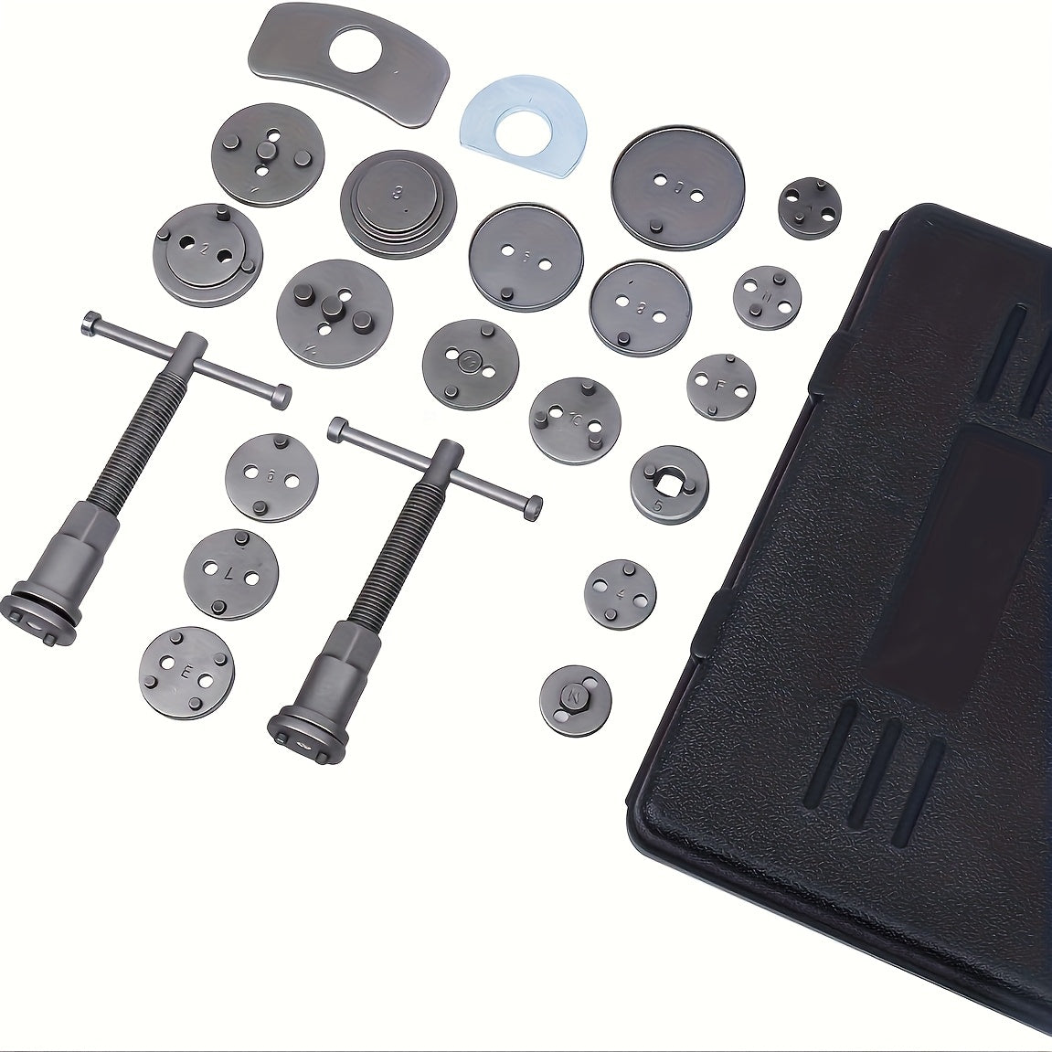 26-Piece Brake Caliper Wind Back Tool Kit with 18 Disc Adapters Thrust Bolt Assemblies Retaining Plates & Caliper Hangers – Universal Brake Caliper Compression Tool Set for Cars Trucks SUVs