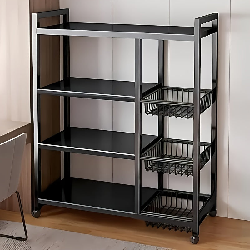 4-Tier Rolling Storage Rack with Wire Baskets & Wheels – Adjustable Metal Shelf for Kitchen Pantry Garage Bathroom Closet, Movable Standing Organizer, Housewarming Gift