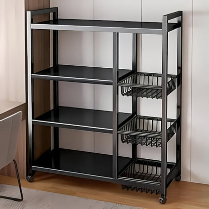 4-Tier Rolling Storage Rack with Wire Baskets & Wheels – Adjustable Metal Shelf for Kitchen Pantry Garage Bathroom Closet, Movable Standing Organizer, Housewarming Gift