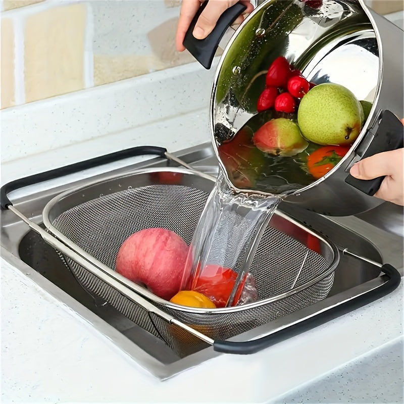 Expandable Stainless Steel Colander Strainer – Fine Mesh Drain Basket for Vegetables Fruits Pasta, Food-Safe Kitchen Essentials, Adjustable Size, Easy Storage