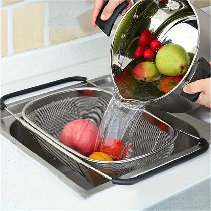 Expandable Stainless Steel Colander Strainer – Fine Mesh Drain Basket for Vegetables Fruits Pasta, Food-Safe Kitchen Essentials, Adjustable Size, Easy Storage