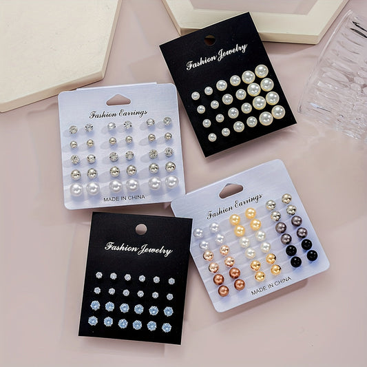 114pcs Imitation Pearl & Rhinestone Earring Set for Women – Gold Stud, Drop & Dangle Styles, Stainless Steel Posts, Elegant Jewelry Collection for Everyday, Parties, Dates & Vacations