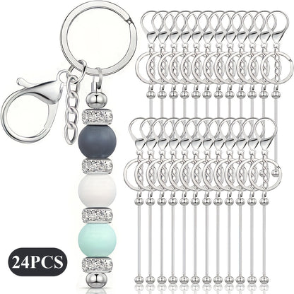 Stainless Steel Beadable Keychain Blanks DIY Kit – 12 & 24pcs Metal Keyring Pendants with Charms for Crafting, Christmas & Halloween Gifts, Gold, Silver & Rose Gold