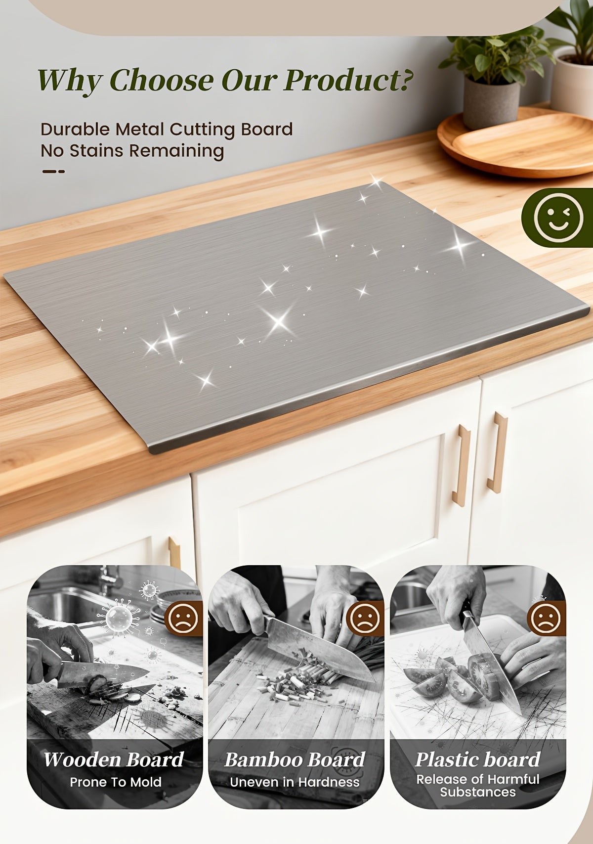 304 Stainless Steel Cutting Board – Rust-Proof Butcher Block Kitchen Prep Board, Easy to Clean, Available in 3 Sizes (15.75”×11.81”, 19.69”×15.75”, 23.62”×15.75”)