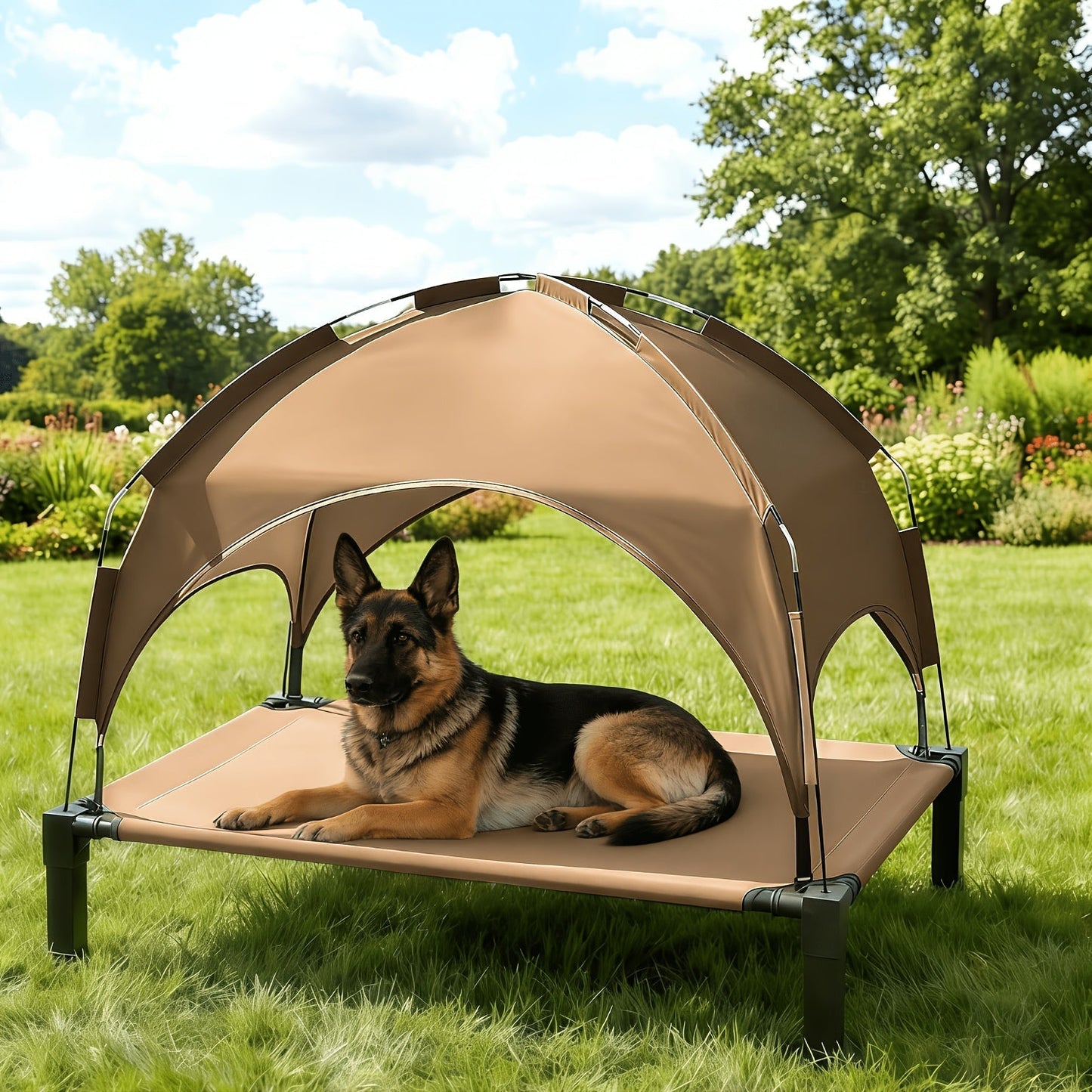 Elevated Dog Bed with Removable Canopy Shade Tent – Portable Raised Outdoor Cooling Pet Cot for Dogs & Cats, Breathable Mesh, Lightweight Foldable Design for Camping, Yard & Patio
