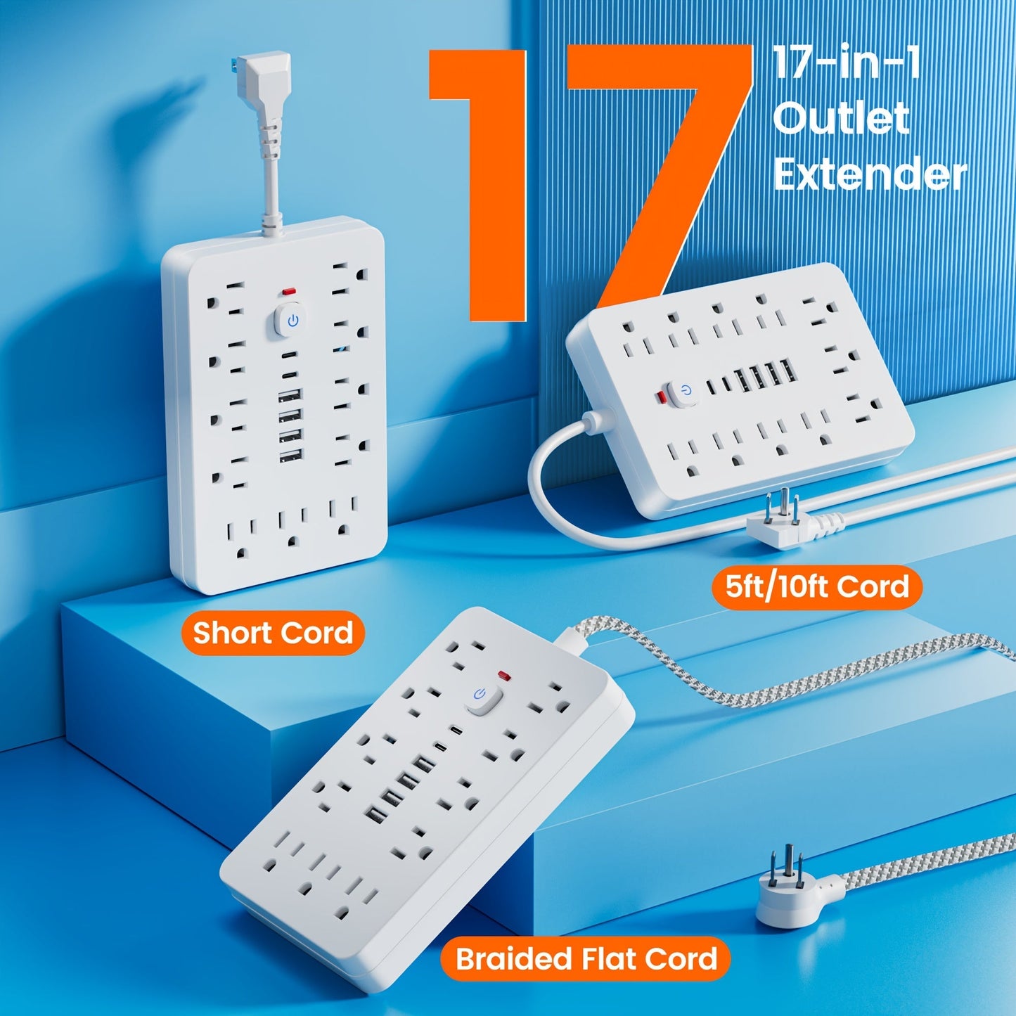 Surge Protector Power Strip 11 AC Outlets | 4 USB-A & 2 USB-C Ports, Overload Protection, Short/5FT/10FT Extension Cord – Multi-Outlet Power Socket for Home, Office, Desk & School – White & Black