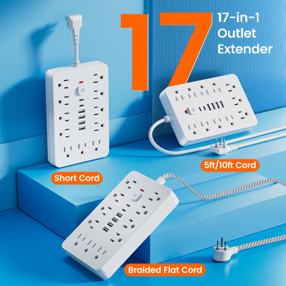 Surge Protector Power Strip 11 AC Outlets | 4 USB-A & 2 USB-C Ports, Overload Protection, Short/5FT/10FT Extension Cord – Multi-Outlet Power Socket for Home, Office, Desk & School – White & Black