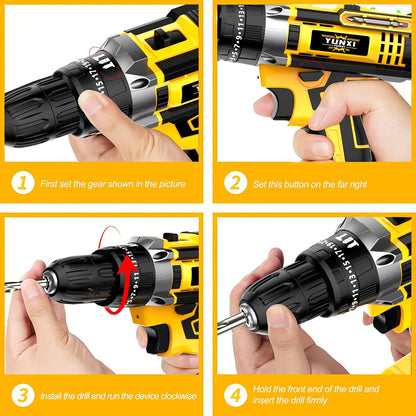21V Cordless Impact Drill Set 2.0Ah Battery & Fast Charger with Work Light Speed & Torque Adjustment Electric Screwdriver Combo – Optional Storage Box for Car & Home Repair DIY Men's Gift