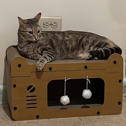 Large Cat House with Scratcher Pads & Plush Ball Toys – Ventilated Indoor Outdoor Cat Shelter, Choose Single Door, Double Door or Luxury Double-Layer Design, Great Cat Gift
