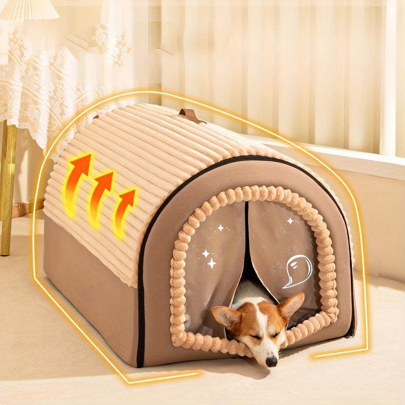 Foldable Dog Bed Cave 2-in-1 All Season – Fully Enclosed Covered Pet House with Handle, Soft Fluffy Non-Slip Washable Nest for Large, Medium & Small Dogs and Cats – Free Drool Bib – Velora