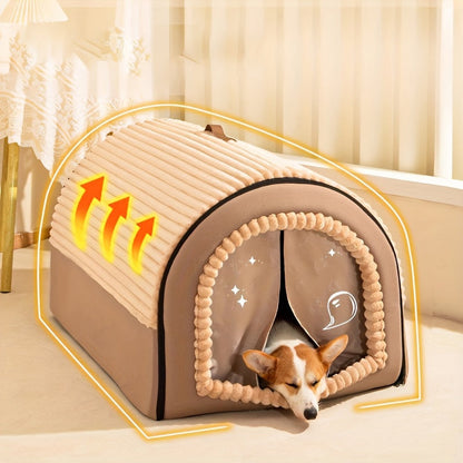 Foldable Dog Bed Cave 2-in-1 All Season – Fully Enclosed Covered Pet House with Handle, Soft Fluffy Non-Slip Washable Nest for Large, Medium & Small Dogs and Cats – Free Drool Bib – Velora
