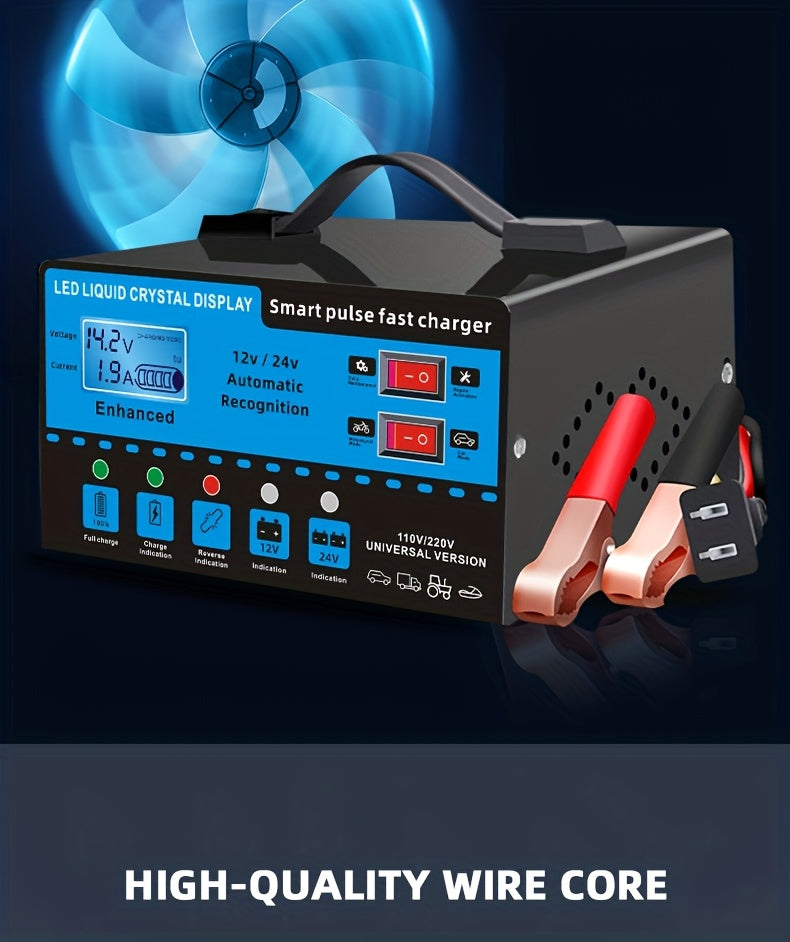 12V 24V Smart Battery Charger with LCD Display – Intelligent Trickle Charging, Overcharge & Short Circuit Protection, Universal Fit for Car, Truck, Motorcycle, Yacht & RV Batteries, Automatic Battery Maintainer & Conditioner