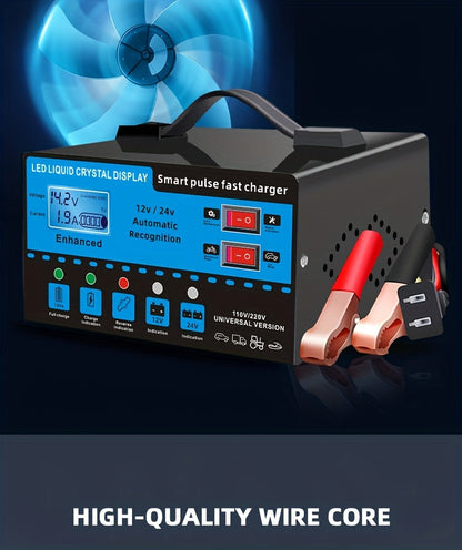 12V 24V Smart Battery Charger with LCD Display – Intelligent Trickle Charging, Overcharge & Short Circuit Protection, Universal Fit for Car, Truck, Motorcycle, Yacht & RV Batteries, Automatic Battery Maintainer & Conditioner