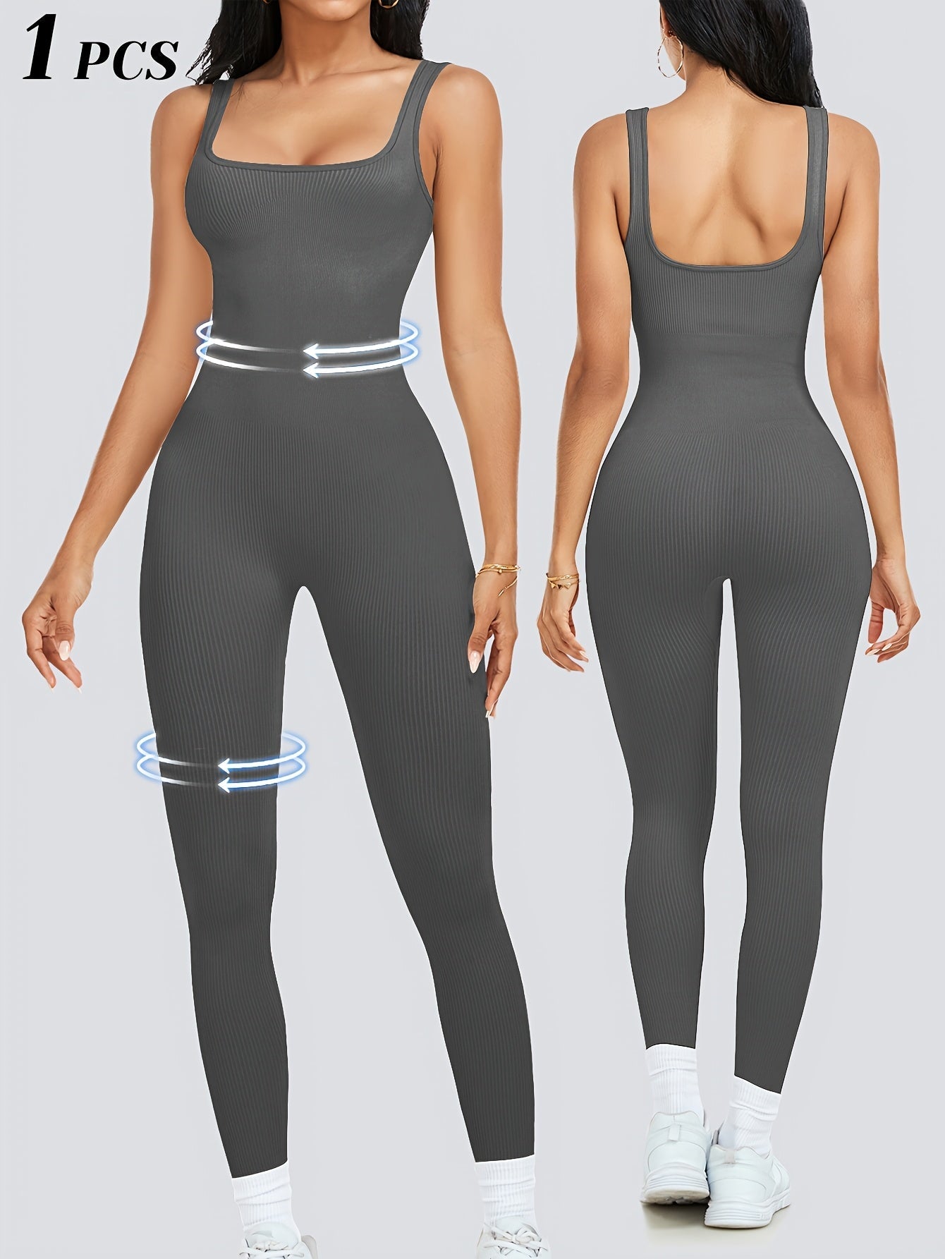 Women's Sleeveless Square Collar Jumpsuit – 90% Nylon Stretch Fabric, Thick & Opaque Active Wear for Yoga, Pilates, Running, Fitness & Everyday Events, Sizes S-XL, Multiple Colors