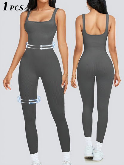 Women's Sleeveless Square Collar Jumpsuit – 90% Nylon Stretch Fabric, Thick & Opaque Active Wear for Yoga, Pilates, Running, Fitness & Everyday Events, Sizes S-XL, Multiple Colors