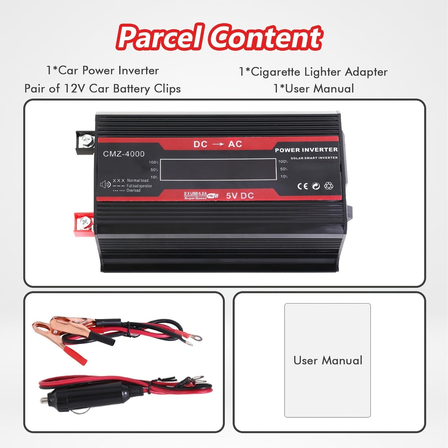 4000W Car Power Inverter DC 12V to AC 110V with LCD Display, Cooling Fan and Overload Protection - Portable 800W Rated Converter for Road Trips, Camping, Outdoors and Emergency Kits