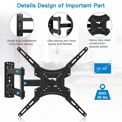 Full Motion TV Wall Mount for 26-60 Inch TVs Up to 77 lbs Swivel Tilt Extension Arm Stainless Steel TV Bracket Max VESA 400x400mm Fits Most Flat Curved Screen TVs
