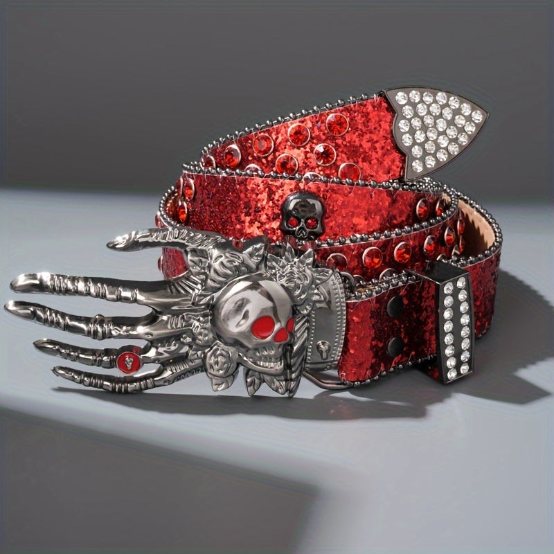 Unisex Punk Skull Belt – Rhinestone-Embellished Faux Leather with Zinc Alloy Skull Buckle, Bold Statement Fashion Accessory for Halloween, Parties & Daily Wear, 5 Colors Available