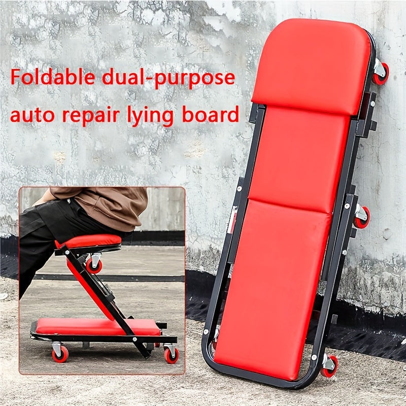 Foldable 2-in-1 Mechanic Creeper & Rolling Seat 300LB | 36 Inch Z-Crawler with 6 Swivel Wheels, Adjustable Headrest, Folding Car Repair Creeper for Garage Workshop – Black & Red