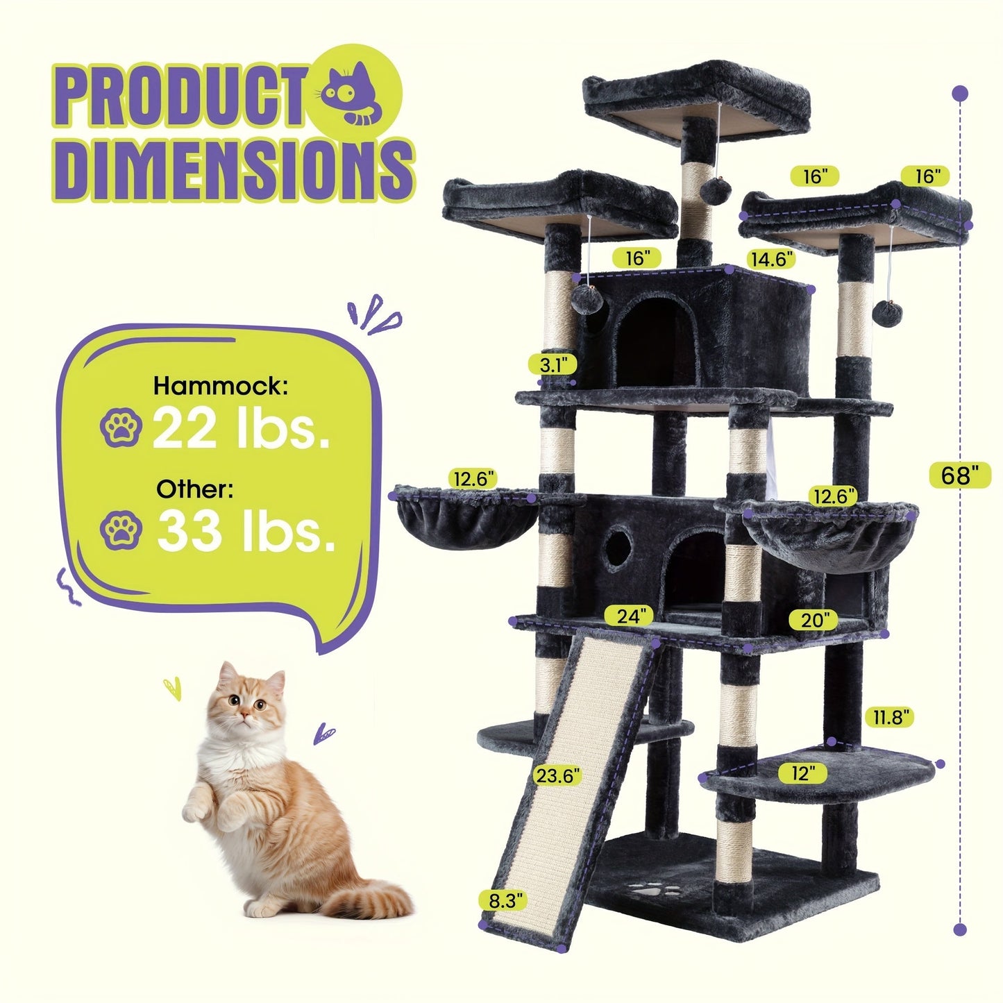 WEEWAY Corner Cat Tree Tower for Indoor Cats 36–81 Inch – Multi-Level Cat Furniture with Sisal Scratching Posts, Condo Cave, Hammock, Ramps, Plush Perches, Basket & Pompom Toys, Perfect Cat Gift