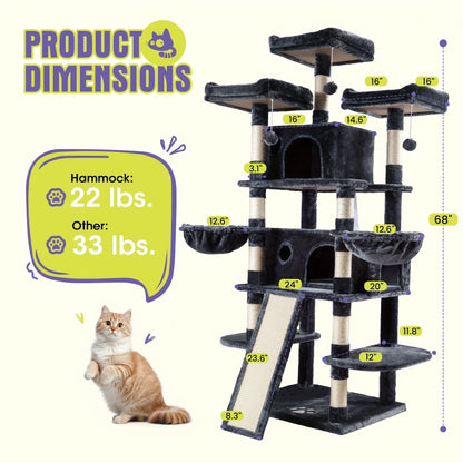 WEEWAY Corner Cat Tree Tower for Indoor Cats 36–81 Inch – Multi-Level Cat Furniture with Sisal Scratching Posts, Condo Cave, Hammock, Ramps, Plush Perches, Basket & Pompom Toys, Perfect Cat Gift
