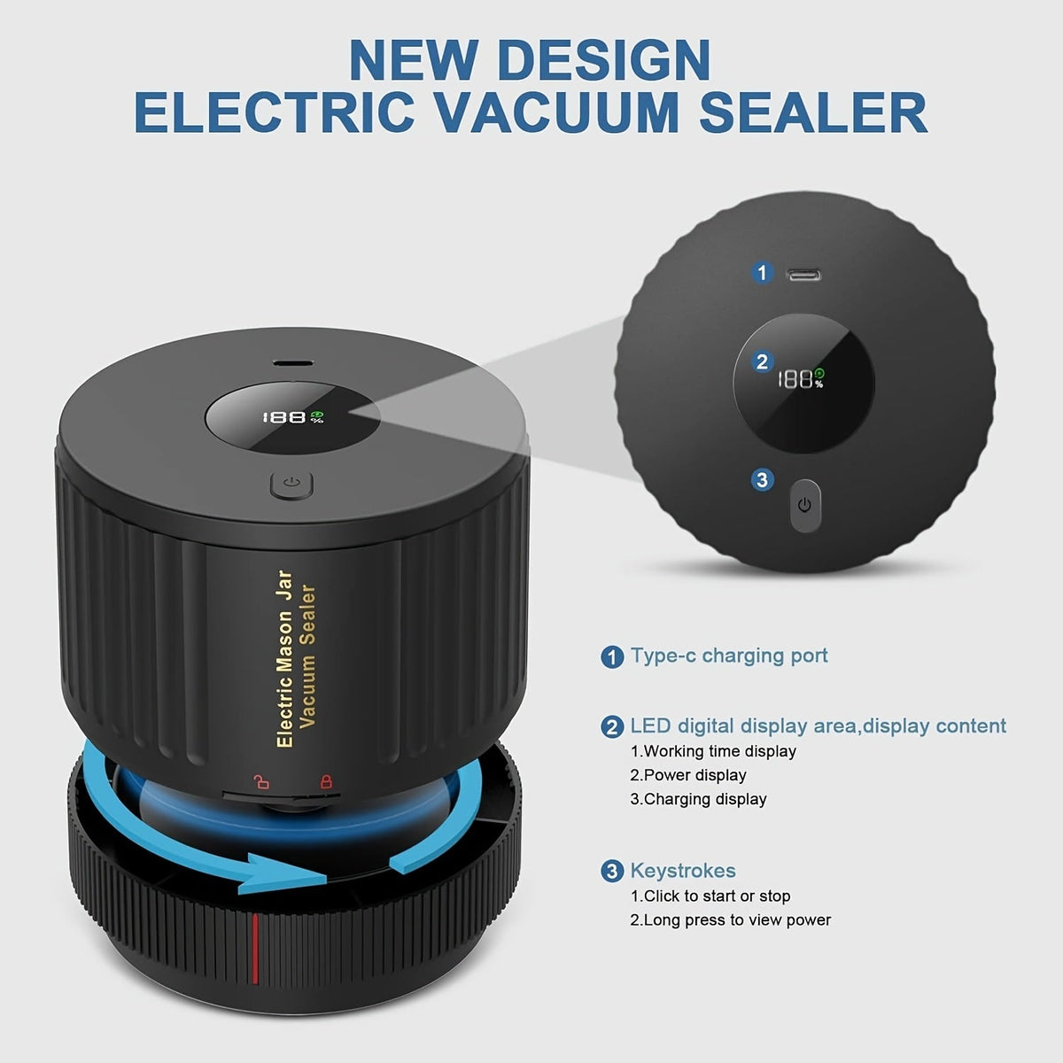 Electric Cordless Vacuum Sealer Kit for Mason Jars – Wide & Standard Mouth, Food Storage & Fermentation, 1-Pack or 2-Pack, Black & White