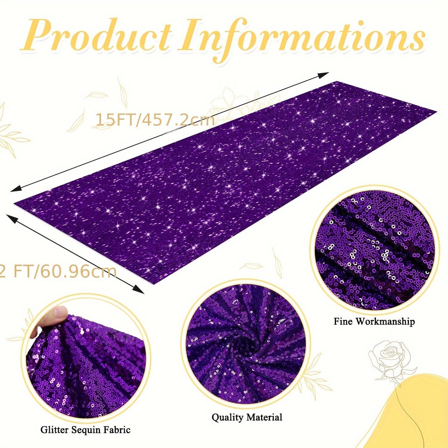 Sequin Aisle Runner 2x15FT Glitter Wedding Carpet Runner 12 Colors for Wedding Ceremony Bridal Shower Party Decoration Outdoor Indoor