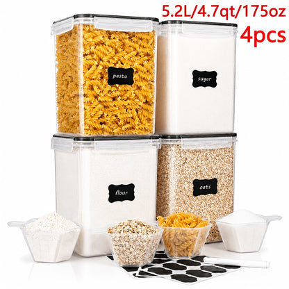 4-Pack Large Airtight Food Storage Containers with Lids – 176oz BPA-Free Plastic Canisters for Flour, Sugar, Rice & Baking Supplies – Includes Measuring Cups & 24 Labels, Black