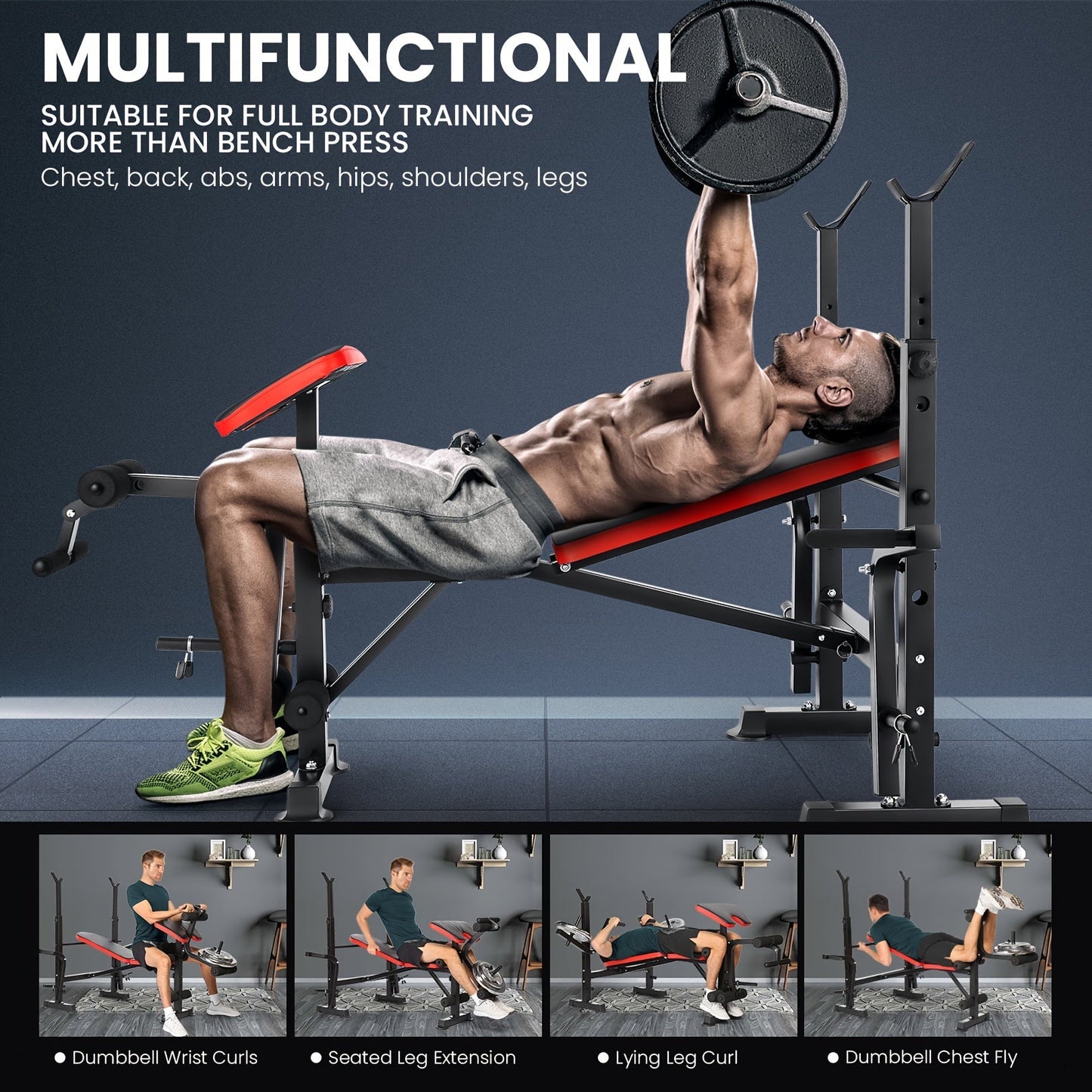 Adjustable Weight Bench Press Set with Squat Rack – 1200LBS Foldable Home Gym Equipment, Full Body Workout Station with Leg Developer & Preacher Curl Pad for Strength Training